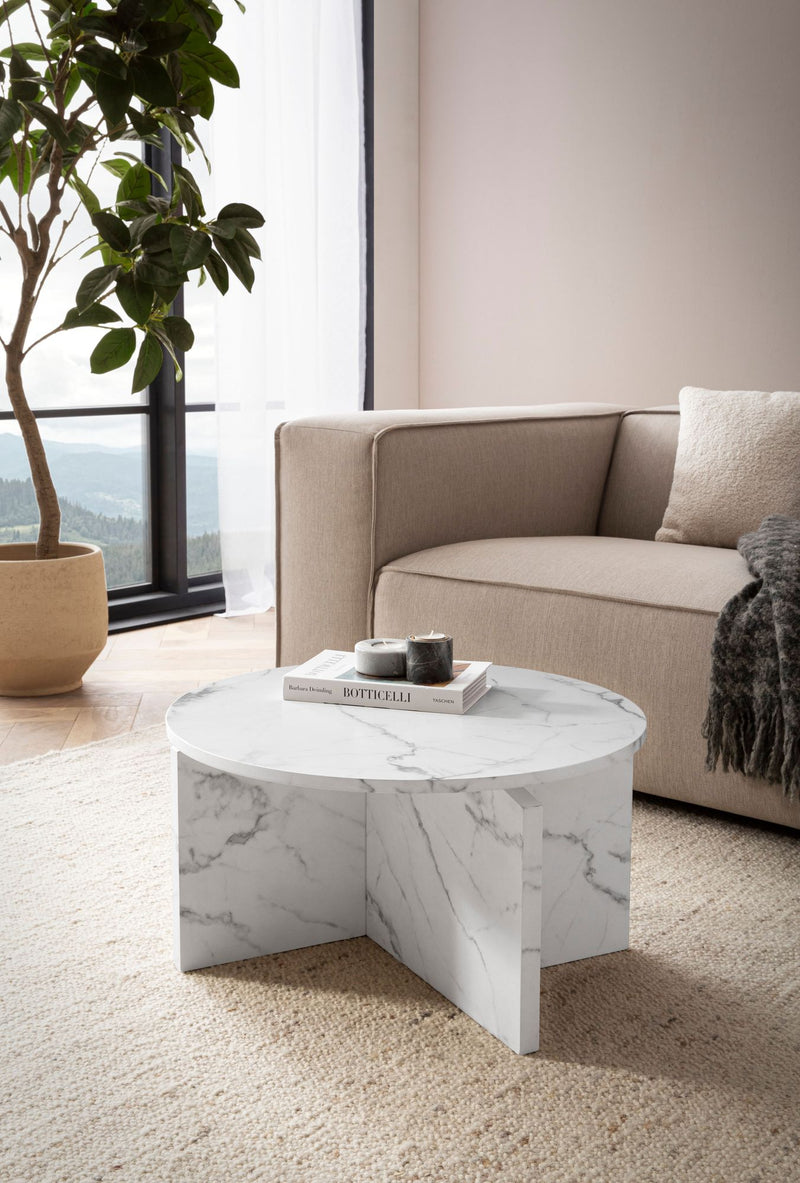Couchtisch 60x60x33cm Weiß Marmor-Optik Modern Rund Loungetisch