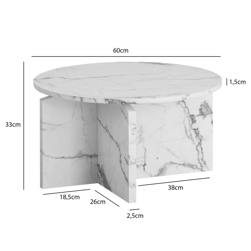 Couchtisch 60x60x33cm Weiß Marmor-Optik Modern Rund Loungetisch