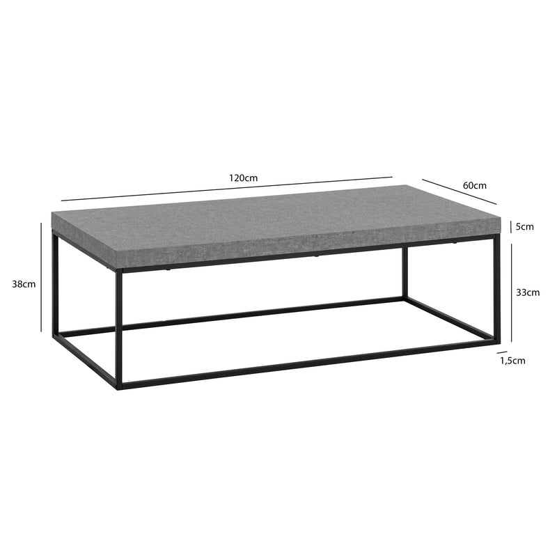 Couchtisch 120x60x38cm Beton-Optik Grau Metallbeine Modern Rechteckig