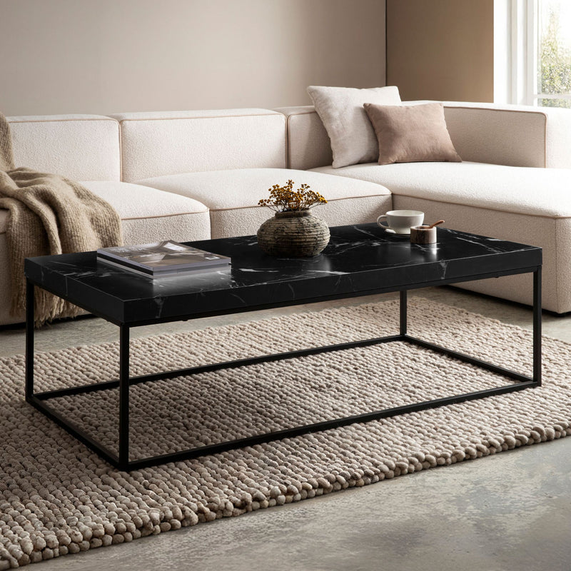 Couchtisch 120x60x38cm Marmor-Optik Schwarz Metallbeine Modern