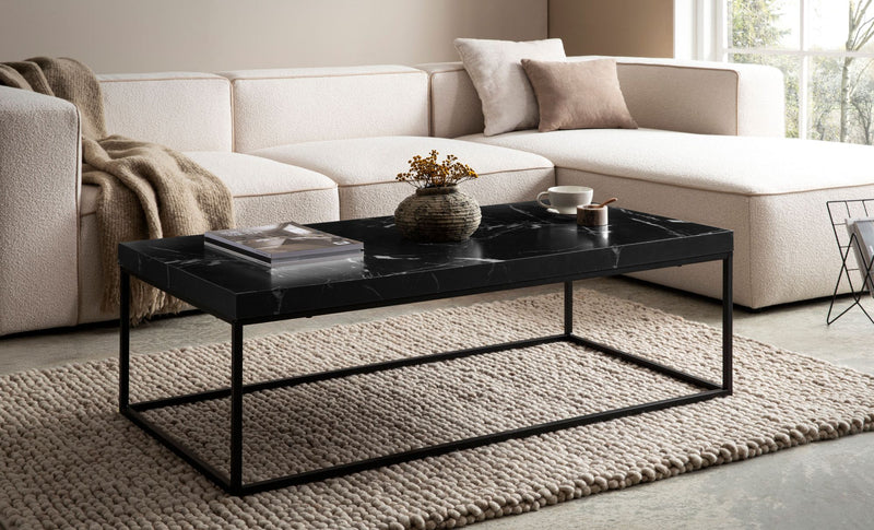 Couchtisch 120x60x38cm Marmor-Optik Schwarz Metallbeine Modern