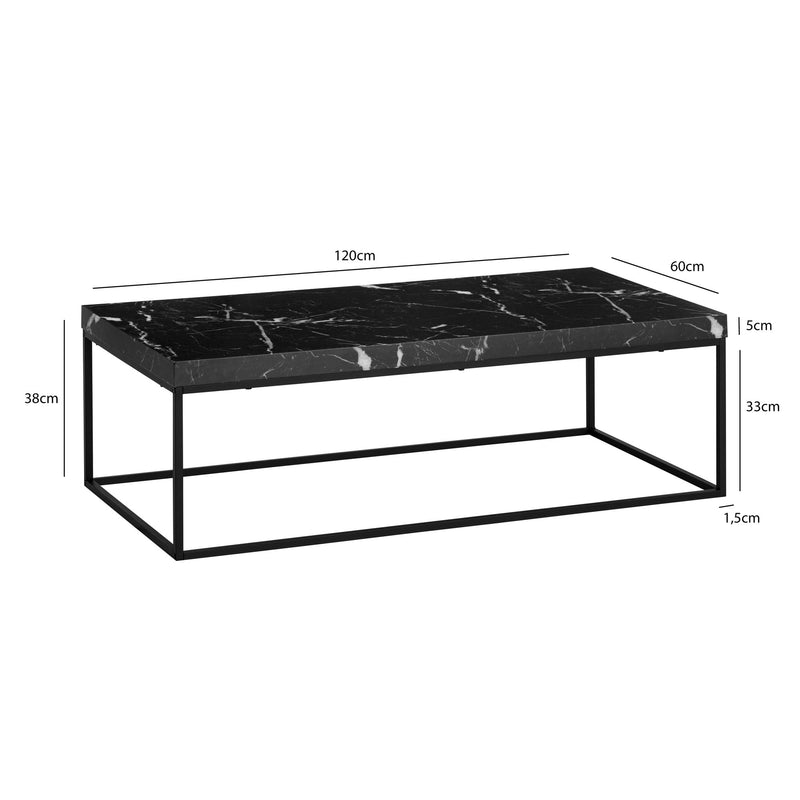 Couchtisch 120x60x38cm Marmor-Optik Schwarz Metallbeine Modern