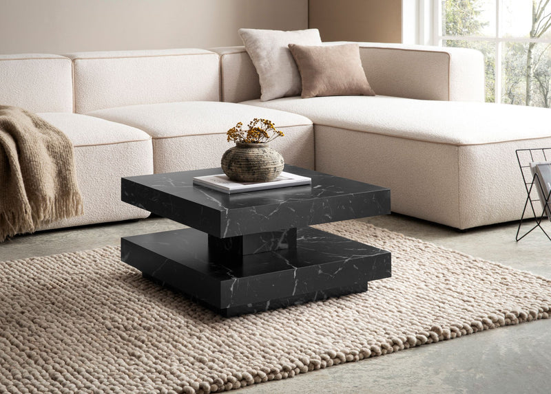 Couchtisch 60x60x34cm Schwarz Marmor-Optik Modern mit Stauraum