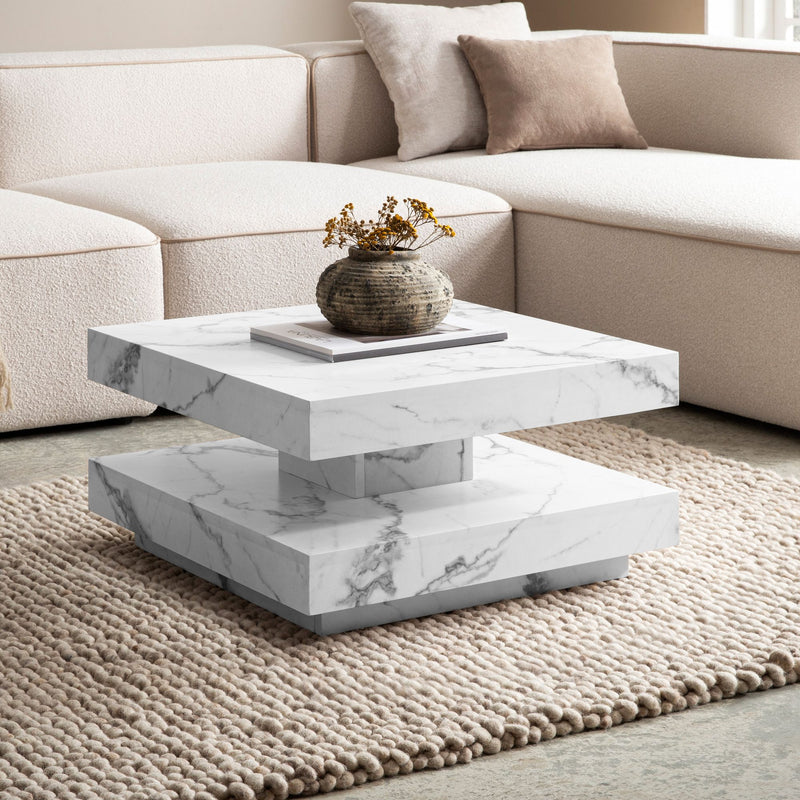 Couchtisch 60x60x34cm Weiß Marmor-Optik Modern mit Stauraum