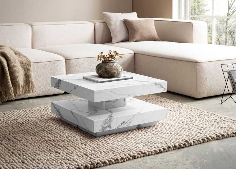 Couchtisch 60x60x34cm Weiß Marmor-Optik Modern mit Stauraum