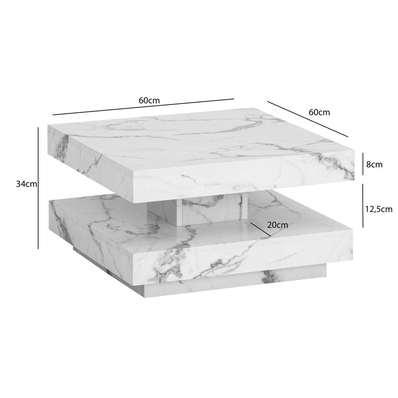 Couchtisch 60x60x34cm Weiß Marmor-Optik Modern mit Stauraum