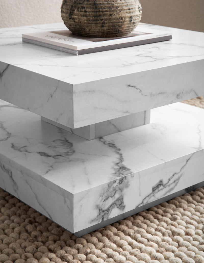 Couchtisch 60x60x34cm Weiß Marmor-Optik Modern mit Stauraum
