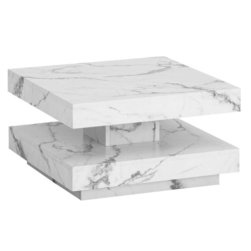 Couchtisch 60x60x34cm Weiß in Marmor-Optik mit übereinander gestapelten Ablageflächen in Gesamtansicht.