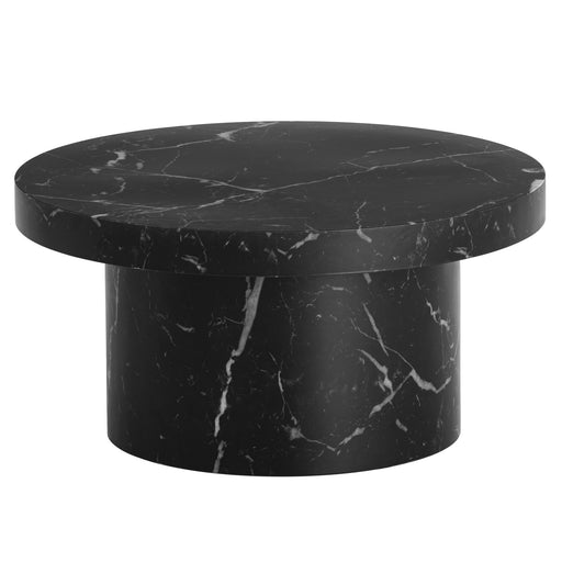 Runder Couchtisch 60x60x30cm mit schwarzer Marmoroptik und zylindrischem Sockel in Gesamtansicht.