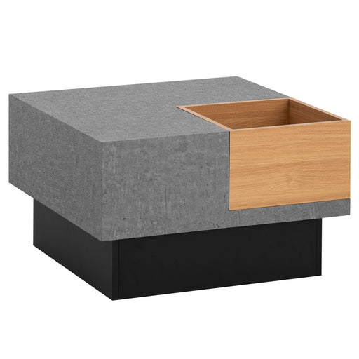 Couchtisch 65x65x40cm Beton-Optik Grau mit offener Schublade in Holz, Gesamtansicht von vorne.