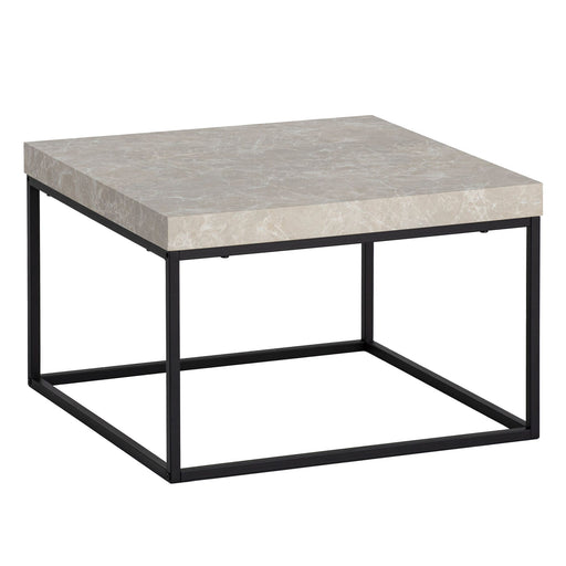Couchtisch 60x60x38cm mit beigefarbener Steinplatte und schwarzem Metallgestell in Gesamtansicht.