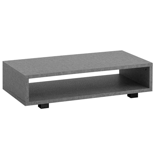 Couchtisch Beton-Optik in Grau, Gesamtansicht von vorne mit offenem Fachablagefach und schwarzen Füßen.