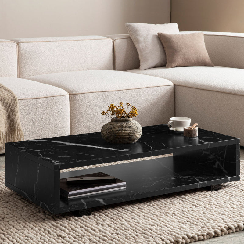 Couchtisch 100x50x25cm Schwarz Marmor-Optik Modern mit Stauraum