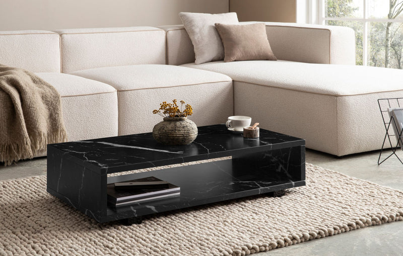 Couchtisch 100x50x25cm Schwarz Marmor-Optik Modern mit Stauraum