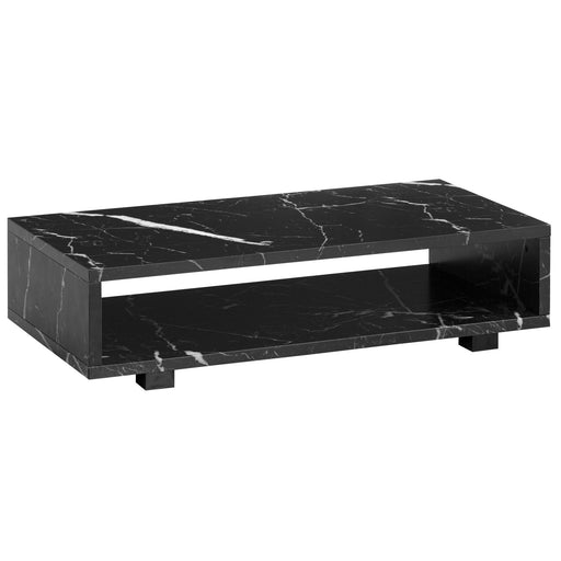 Couchtisch 100x50x25cm Schwarz Marmor-Optik Modern mit Stauraum in Gesamtansicht von vorne.