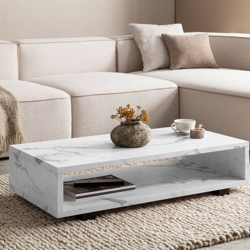 Couchtisch 100x50x25cm Weiß Marmor-Optik Modern Rechteckig Stauraum