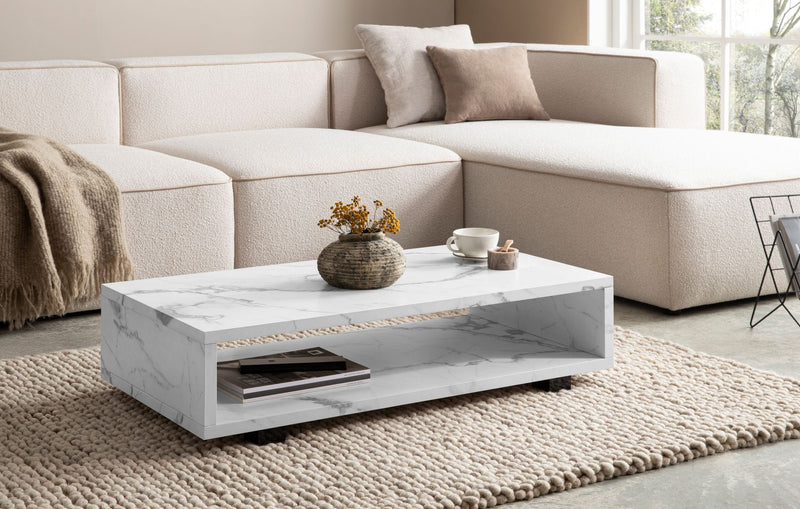Couchtisch 100x50x25cm Weiß Marmor-Optik Modern Rechteckig Stauraum