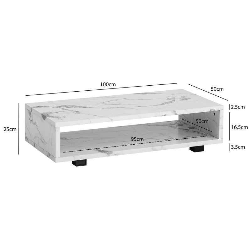Couchtisch 100x50x25cm Weiß Marmor-Optik Modern Rechteckig Stauraum