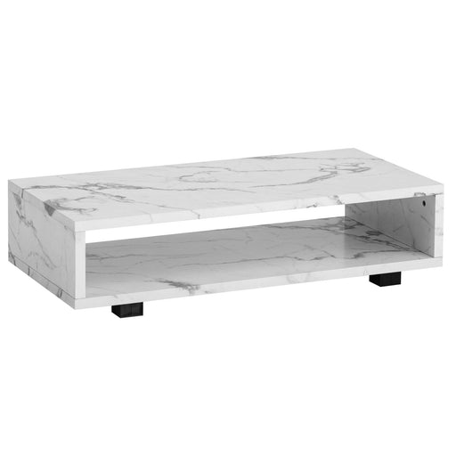 Couchtisch 100x50x25cm Weiß in Marmor-Optik mit offenem Ablagebereich und schwarzen Füßen, Gesamtansicht von vorne.