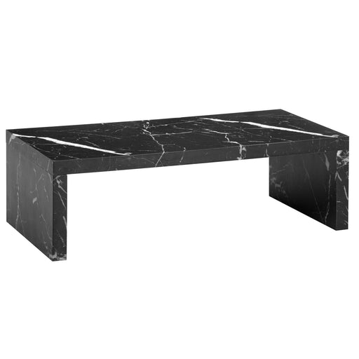 Couchtisch 110x55x35cm Schwarz Marmor-Optik in Gesamtansicht von vorne mit blockförmigen Seitenelementen.