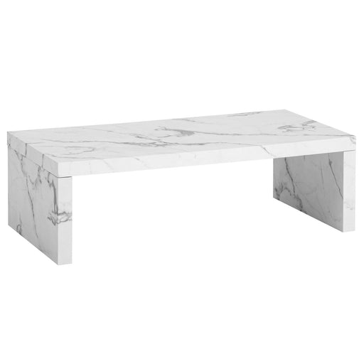 Couchtisch 110x55x35cm in Weiß mit Marmor-Optik-Platte und Stützbeinen, Gesamtansicht von vorne.