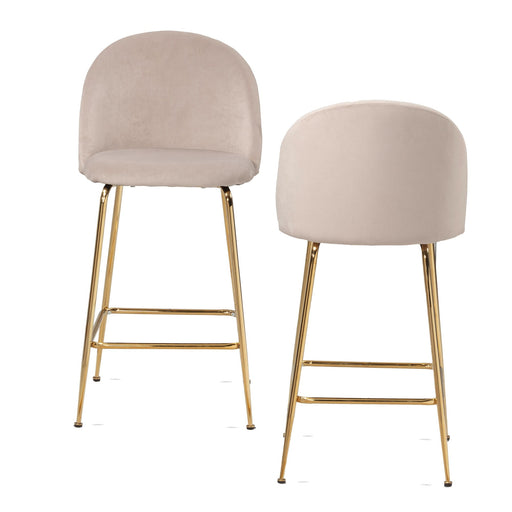 Gesamtansicht von zwei Barhockern mit gepolsterter Rückenlehne in Beige und goldfarbenen Metallbeinen.