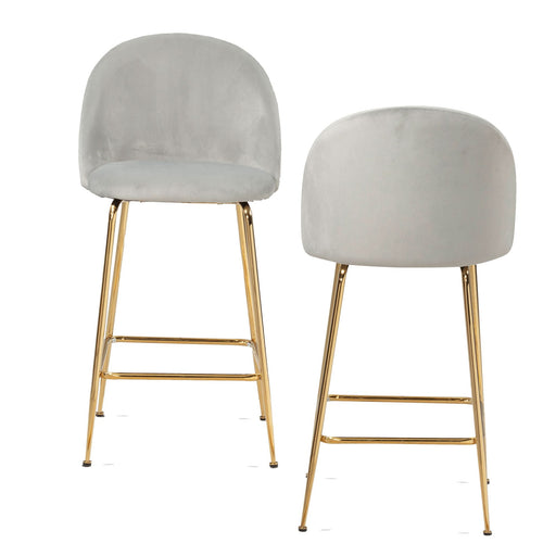 Barhocker 2er Set Samt Grau mit Lehne, Gesamtansicht von vorne mit grauem Samtbezug und Goldbeine.