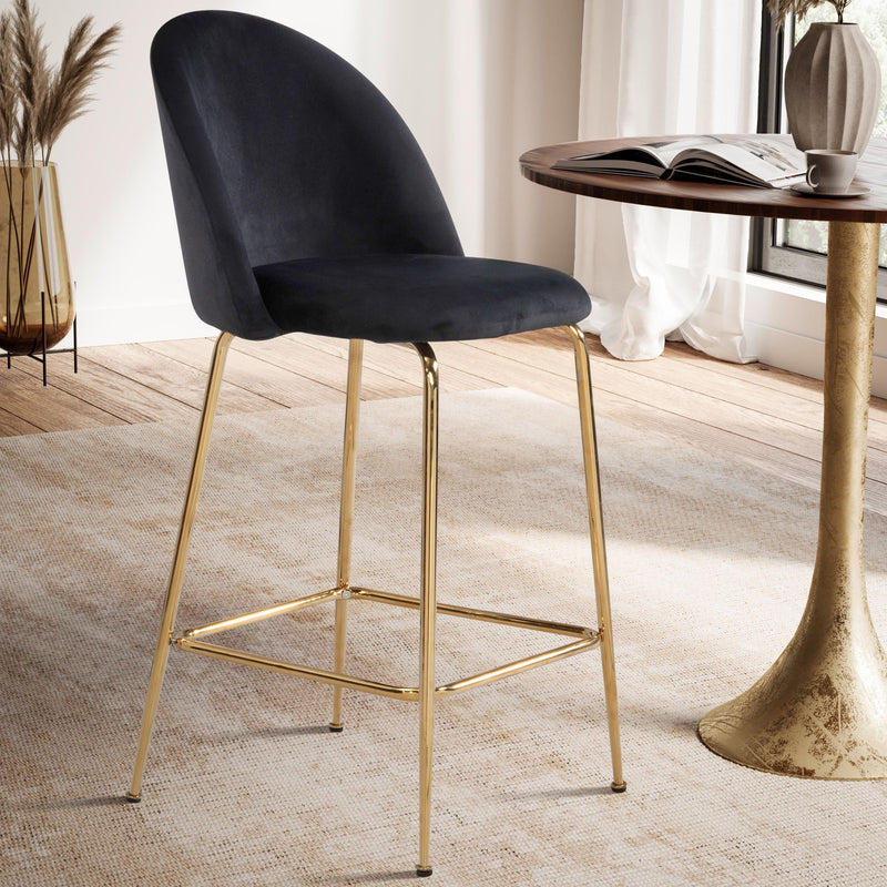 Barhocker 2er Set Samt Schwarz mit Lehne Goldene Beine Skandinavisch