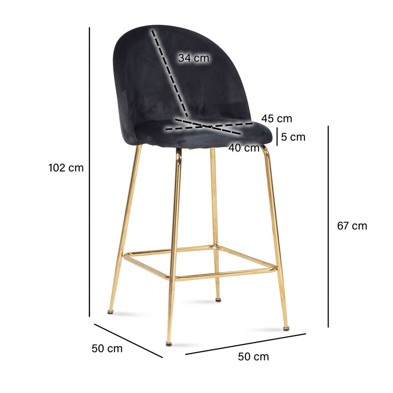 Barhocker 2er Set Samt Schwarz mit Lehne Goldene Beine Skandinavisch