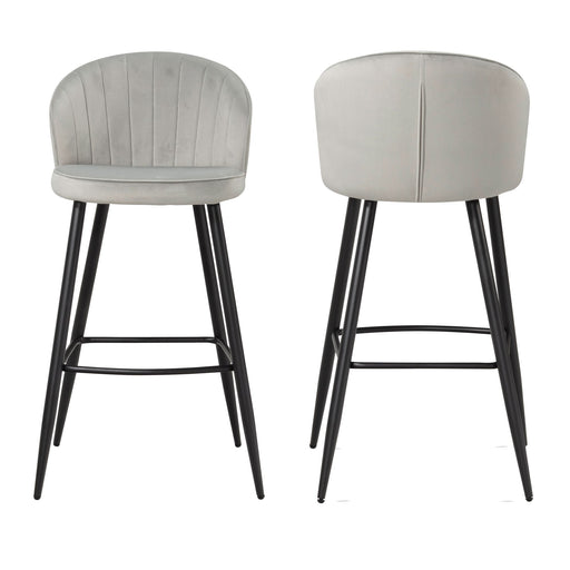 Barhocker 2er Set Samt Grau mit Lehne, Vorderansicht mit gerippter Rückenlehne und Metallbeinen.