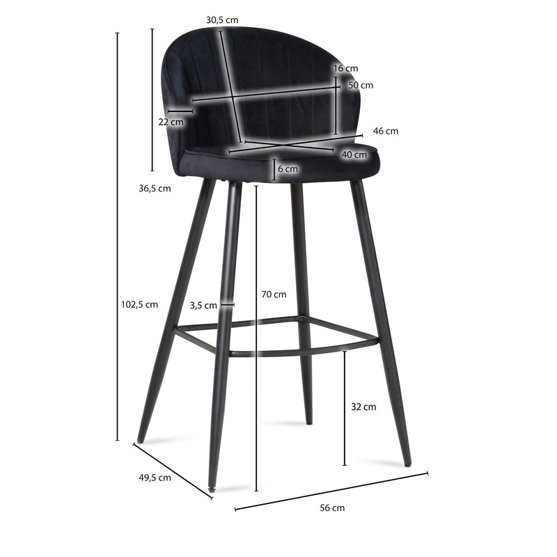 Barhocker Set 2er Samt Schwarz mit Lehne Skandinavisch Metall 110kg