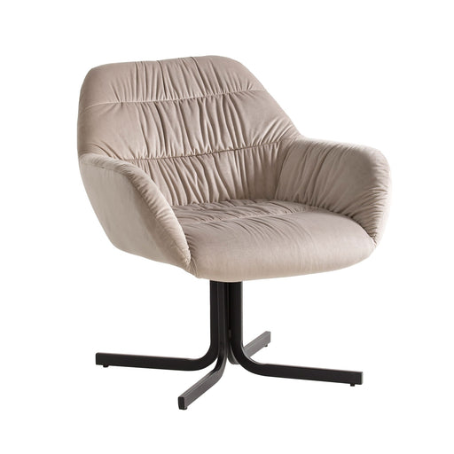 Loungesessel Samt Beige Metallbeine gepolstert mit Armlehnen in Gesamtansicht mit Drehfuß aus schwarzem Metall.