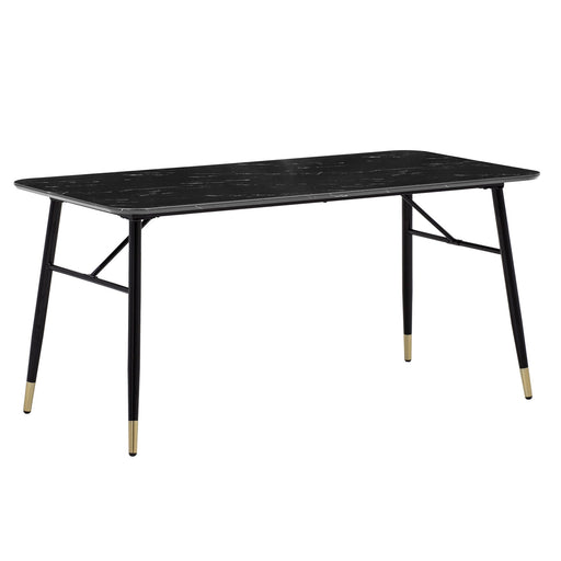 Esstisch 140x80cm Marmor-Optik Schwarz mit schwarzen Metallbeinen und messingfarbenen Füßen, Gesamtansicht.