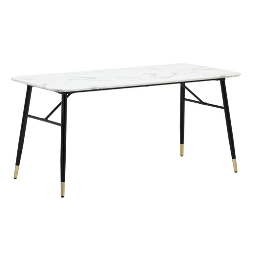 Esszimmertisch 160x80x76cm Marmor-Optik Weiß mit schwarzen Metallbeinen und Messingfüßen in Gesamtansicht.