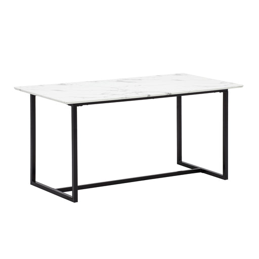 Esszimmertisch 160x80 mit weißer Marmoroptik-Platte und schwarzem Metallgestell in Gesamtansicht.