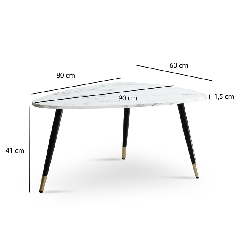 Couchtisch 90x60x41cm Marmoroptik Weiß Metallgestell Dreieckig