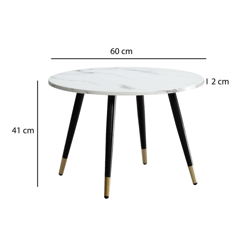 Couchtisch 60x60x41cm Marmoroptik Weiß Metallgestell Modern Rund
