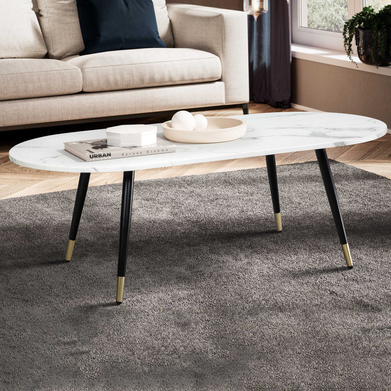Couchtisch 120x60x41,5cm Marmoroptik Weiß Metallgestell Oval Modern