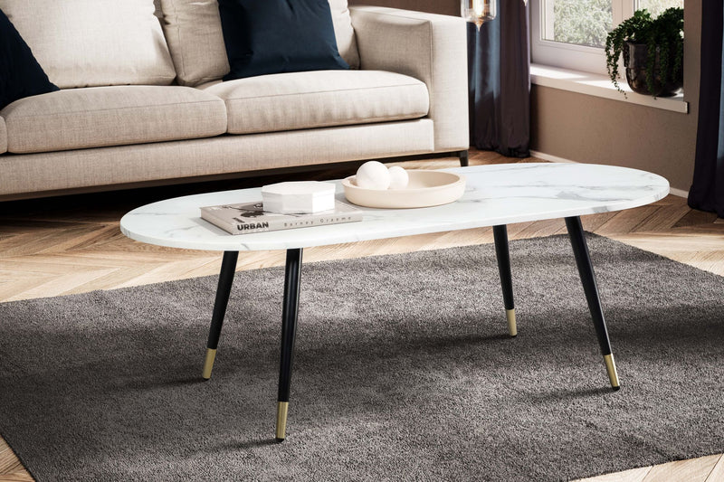 Couchtisch 120x60x41,5cm Marmoroptik Weiß Metallgestell Oval Modern