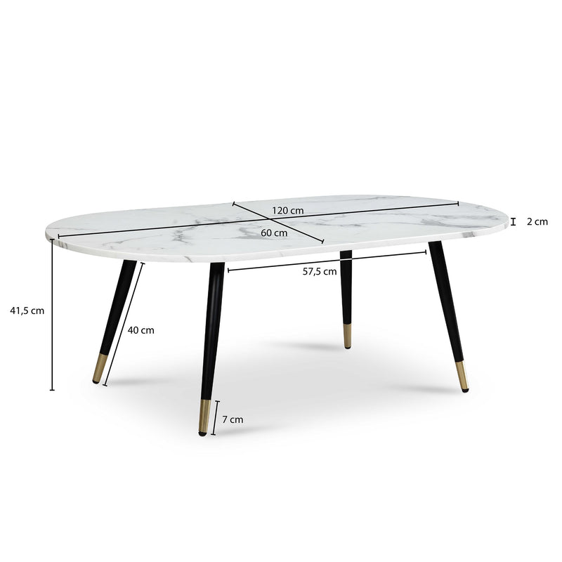 Couchtisch 120x60x41,5cm Marmoroptik Weiß Metallgestell Oval Modern