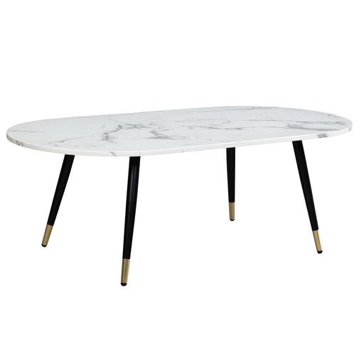 Couchtisch 120x60x41,5cm Marmoroptik Weiß mit ovalem Metallgestell in Gesamtansicht von vorne.