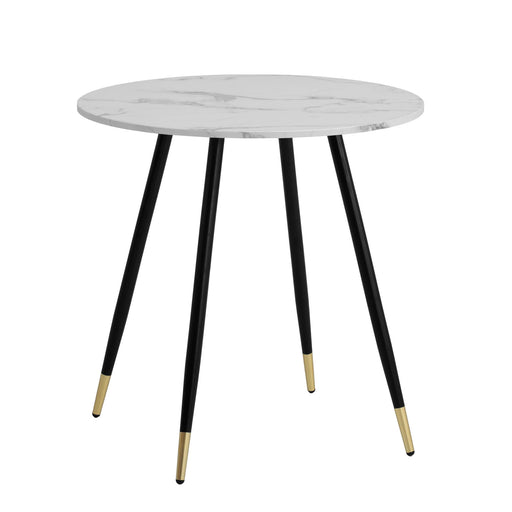 Runder Esszimmertisch 75x75x76cm mit weißer Marmorplatte und schwarzen Metallbeinen mit goldfarbenen Füßen, Gesamtansicht.