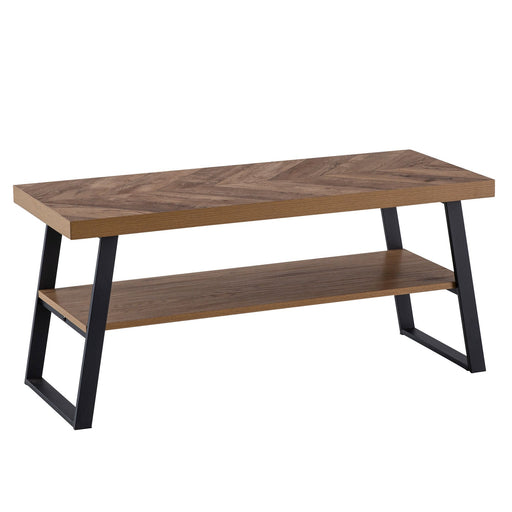 Schuhbank 100x41x40cm Eiche-Dekor Fischgrät mit Stauraum, Gesamtansicht von vorne mit Holzablage und schwarzem Metallgestell.