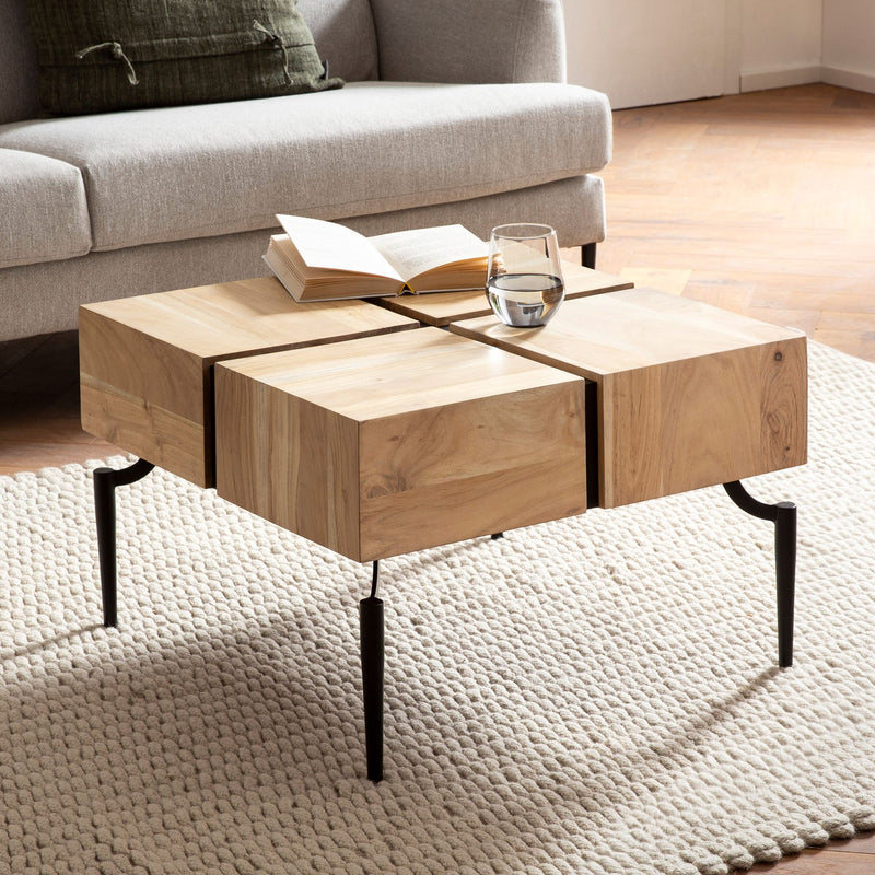 Couchtisch Akazie Massiv 60x60x40cm Metallgestell Würfelform Braun Schwarz
