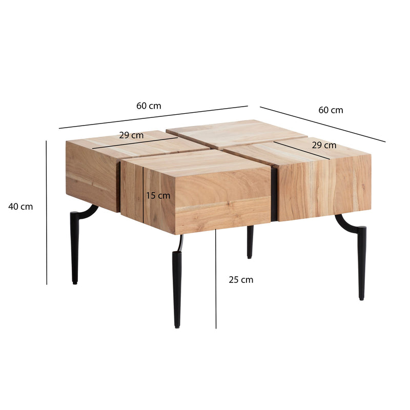 Couchtisch Akazie Massiv 60x60x40cm Metallgestell Würfelform Braun Schwarz