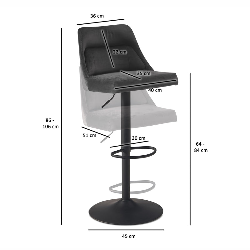 Barhocker Samt Grau höhenverstellbar 86-106cm Metallfuß gepolstert