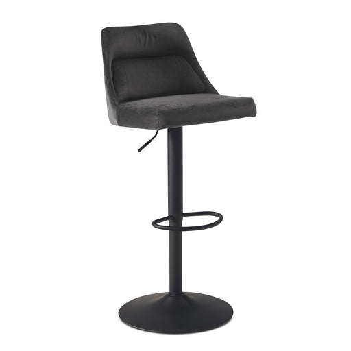 Barhocker Samt Grau höhenverstellbar 86-106cm mit grauem Samtbezug und schwarzem Metallfuß in Gesamtansicht.