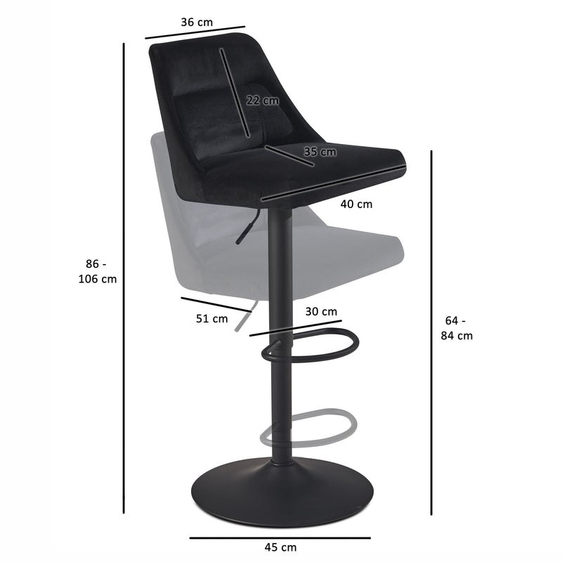 Barhocker Samt Schwarz höhenverstellbar 86-106cm Metallfuß gepolstert