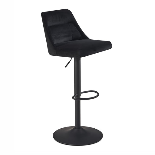 Barhocker Samt Schwarz höhenverstellbar 86-106cm Metallfuß gepolstert in Gesamtansicht mit schwarzem Samtbezug und Metallfuß.