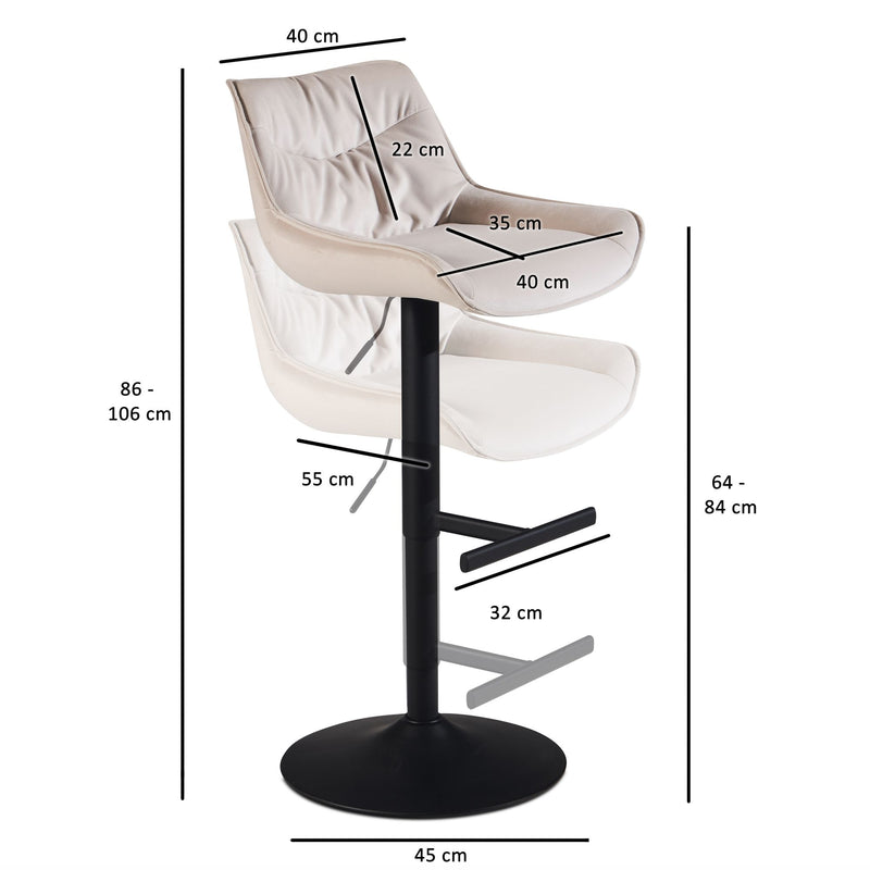 Barhocker Samt Beige höhenverstellbar 86-106cm Metallfuß gepolstert